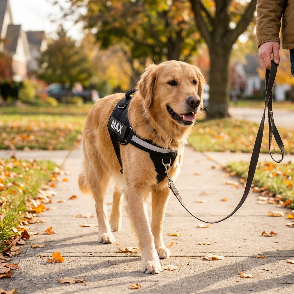 Dog walking calmly with the leash on the front D-ring