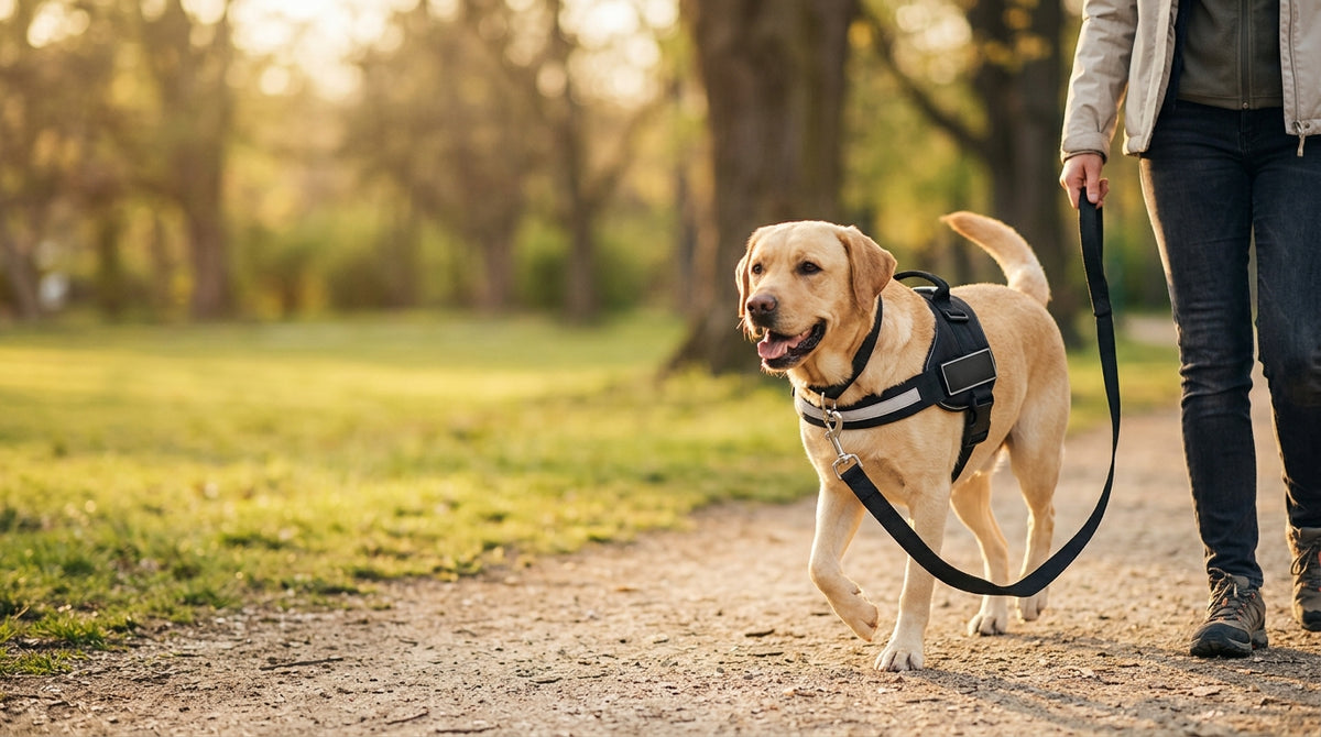 Dog and owner walking in the park with the nidob no-pull harness