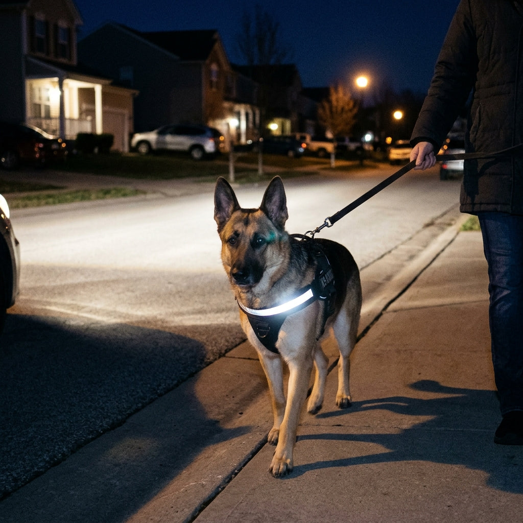 Reflective chest stripe glowing at night