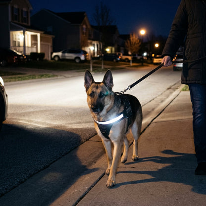 Reflective chest stripe glowing at night